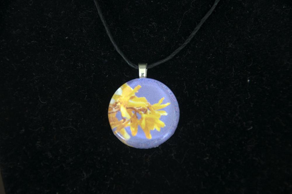 Yellow And Purple Glass Pendant On Black Cord